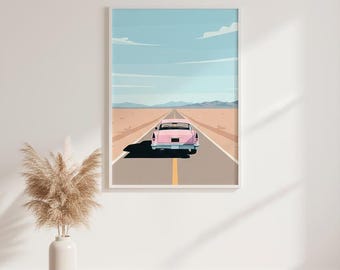 Pastel Pink Car Art, Digital Download Print, Desert Route Poster, Minimalist Boho Style, Travel Art, Wall Art Decor A3 A4