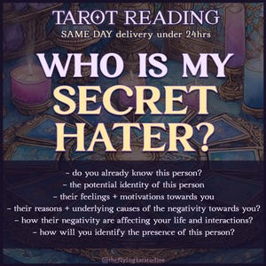 May include: Tarot card reading service offering to reveal who your secret hater is. The image features a tarot card spread with candles and the text "WHO IS MY SECRET HATER?" with a list of questions to consider.