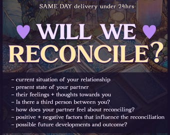 May include: Tarot card reading service with the question "Will We Reconcile?" written in pink and yellow text on a dark background with tarot cards and candles. The text below the question lists the topics covered in the reading, including current relationship status, partner's feelings, and possible future outcomes.