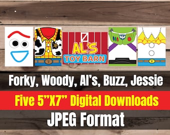 Toy Story 5 pack Forky, Woody, Al's Toy Barn, Buzz, Jessie 5"x7" JPEG digital downloads Toy Story birthday party sign, Decoration, bags