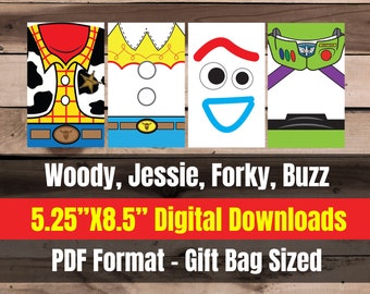 Toy Story Printable Gift Bag download 4 pack Jessie,  Forky,  Woody,  Buzz Light Year - PDF digital download Toy Story birthday party, bags