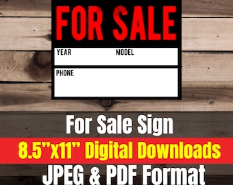 Car For Sale Digital Sign Download (8.5x11 inches) - JPEG and PDF format - Printable - vehicle - sell - for sale by owner - window - DIY