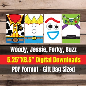 Toy Story Printable Gift Bag download 4 pack Jessie,  Forky,  Woody,  Buzz Light Year - PDF digital download Toy Story birthday party, bags