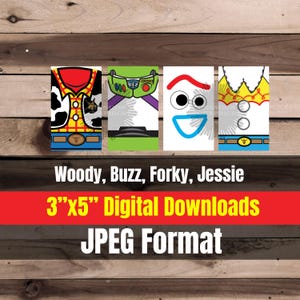 May include: Four digital downloads featuring character designs from Toy Story: Woody, Buzz, Forky, and Jessie. Each design is a rectangular shape with a detailed depiction of the character's outfit. The text "3"x5" Digital Downloads JPEG Format" is also included.