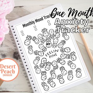 Puede incluir: Un rastreador de ansiedad imprimible en blanco y negro con un tema de piña. El rastreador está diseñado para rastrear los niveles de ansiedad durante un mes. El texto "One Month Anxiety Tracker" y "Feelin' Pine" están incluidos en el diseño.