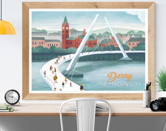 May include: A colorful illustration of a city scene with a white bridge over a body of water. The bridge is curved and has a modern design. The city buildings are in the background and have red roofs. The text "Derry The Maiden City" is at the bottom of the image.