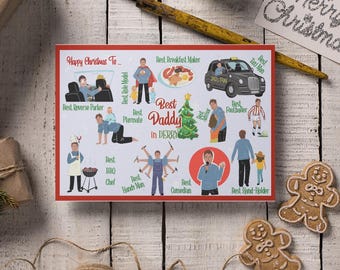 May include: A Christmas card with a red border featuring illustrations of a father in various roles, including "Best Daddy in Derry." The card includes text that reads "Happy Christmas To..." and is surrounded by festive decorations.