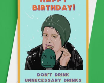 Tarjeta de cumpleaños irlandesa divertida "Viajes innecesarios" de Theresa Mannion, RTE Weather