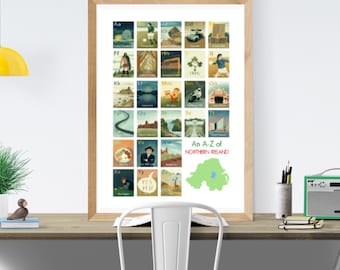 May include: A framed poster with an illustrated alphabet of Northern Ireland. Each letter is paired with a colorful image representing a place, person, or thing from Northern Ireland. The poster includes a map of Northern Ireland with a green outline.