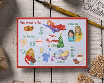 May include: A Christmas card with a red border and a light blue background. The card features illustrations and text, including "Happy Christmas To The", "Best Mammy in Derry", and various labels like "Best Nurse" and "Best Washer".