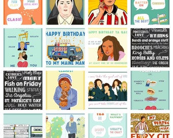 May include: A collage of 10 illustrated cards with various themes and text. The cards feature a variety of characters, including a nun, a man on the phone, a group of women, and a man in a striped shirt. The cards have a humorous and lighthearted tone.