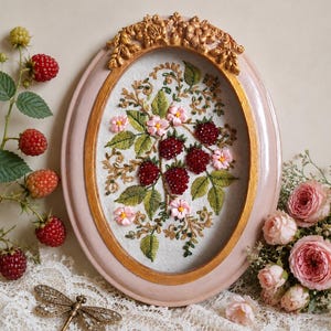 Op de afbeelding: Een ovaalvormige geborduurde lijst met een frambozenontwerp. Het kunstwerk bevat rode, met kralen bezette frambozen, groene bladeren en roze bloemen. De lijst is roze met een gouden accent en sierlijke gouden details aan de bovenkant.