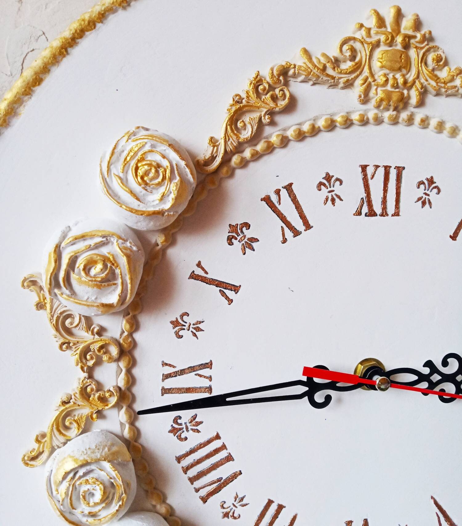 Personalized wall clock Shabby chic White gold roses Luxury Etsy