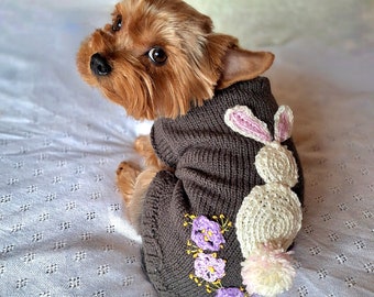 Pull pour chien brodé de fleurs Lapin mignon Pull tricoté à la main Pull confortable pour chiot Vêtements de marque pour petits chiens Cadeau écologique pour maman