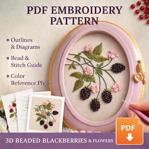 Patrón de bordado de cuentas de mora 3D (PDF), diseño botánico de flores de cinta, arte de pared de bayas estilo cottagecore (DIY)