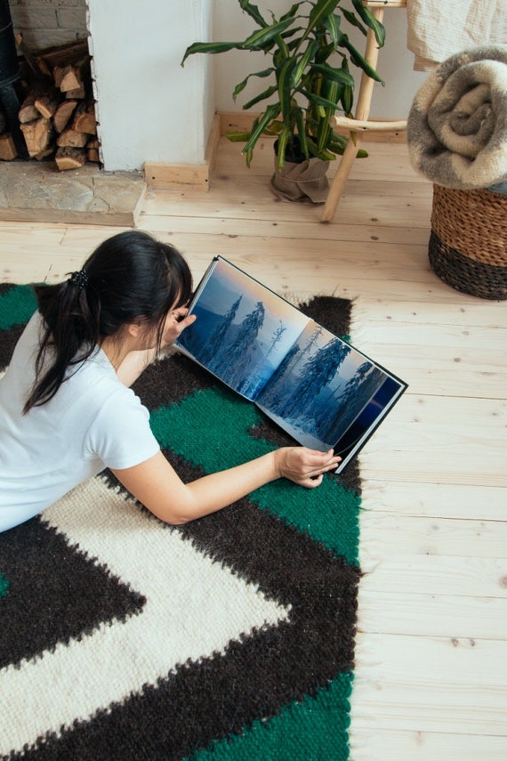 Green Black White 6х7 Zigzag Area Rug, Big Green Wool Kilim, Black.
