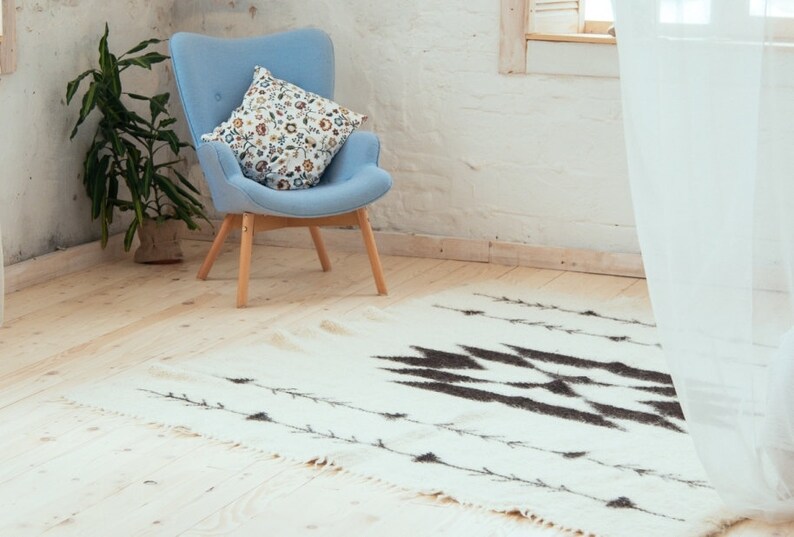 White And Black Aztec Woolen Area Rug 6х7 Large Bohemian Pattern Handwoven Sheep Wool Tapis Tribal