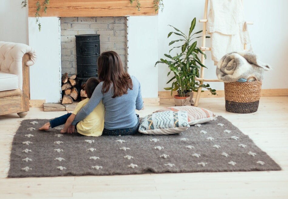 Dark Gray Wool Area Rug 6х7, Large Gray scandinavian carpet with white shaggy crosses for living room, bed room, mens rug
