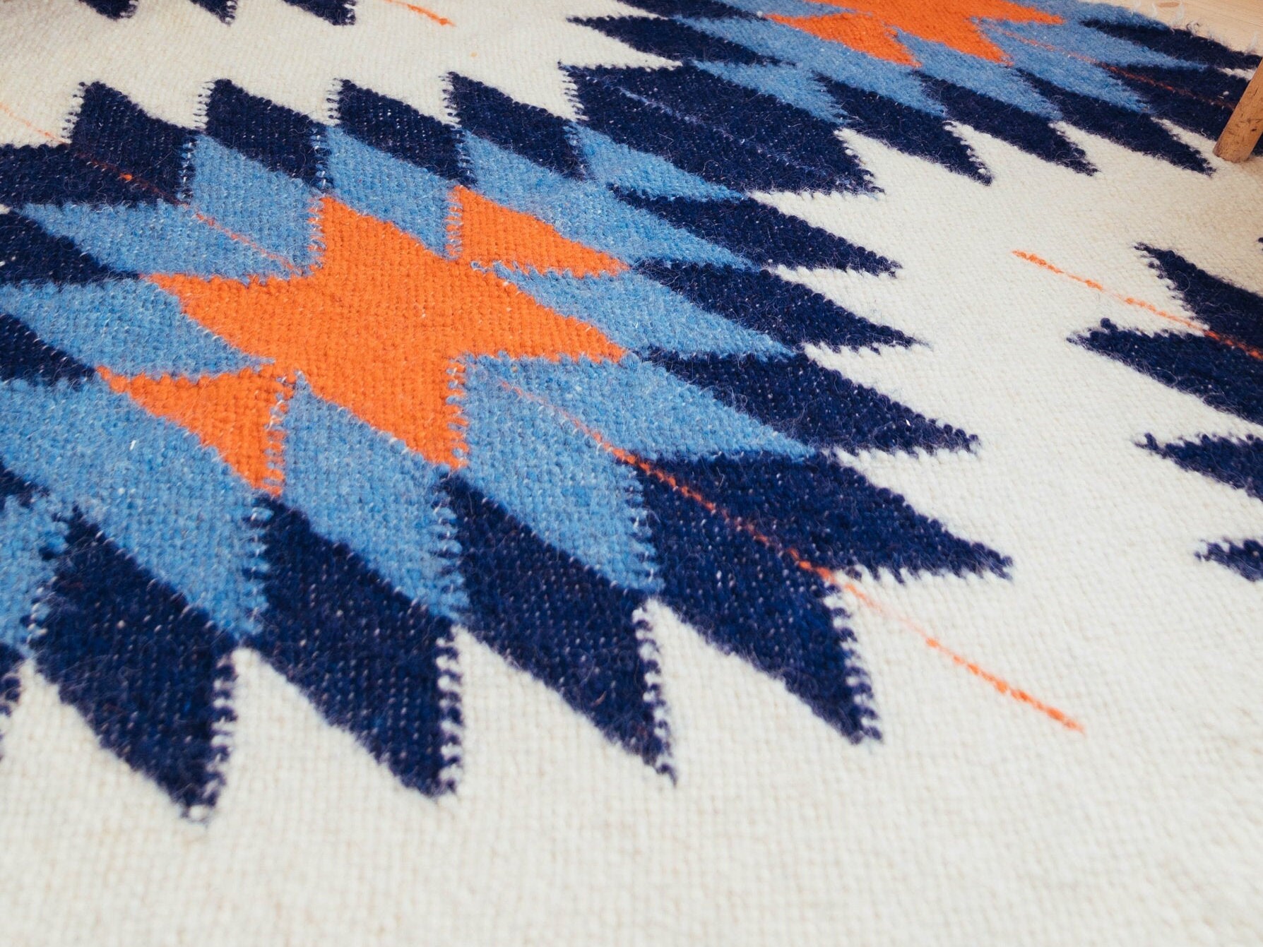 White Navy Blue Aztec Area Rug 92х56, Indigo Blue Boho Rug With Orange