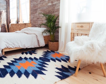 White Navy Blue Aztec Area Rug 92"х56", Indigo Blue Boho rug with Orange accent, Aztec pattern navajo rug made of wool