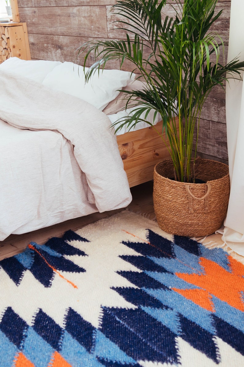 White Navy Blue Aztec Area Rug 92х56, Indigo Blue Boho Rug With Orange