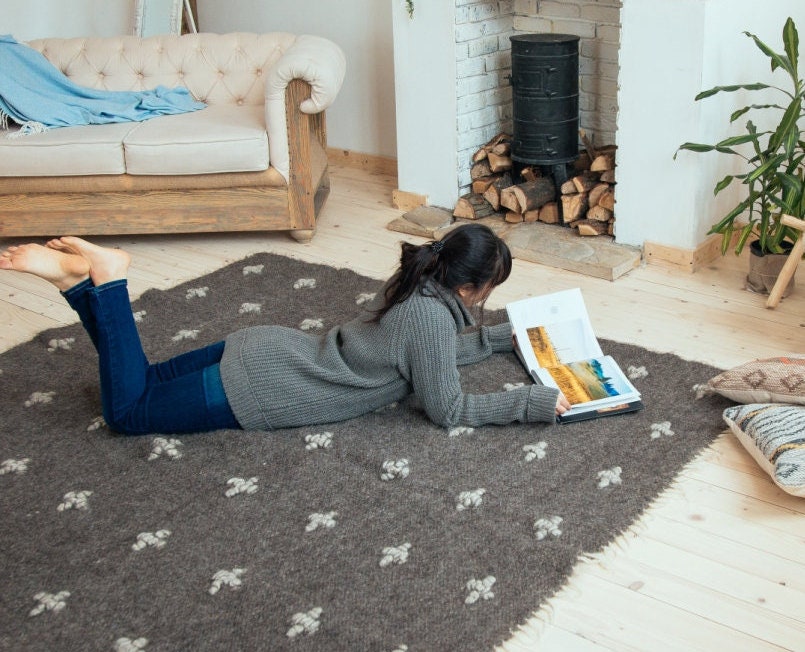 Dark Gray Wool Area Rug 6х7 Large Gray Scandinavian Carpet Etsy