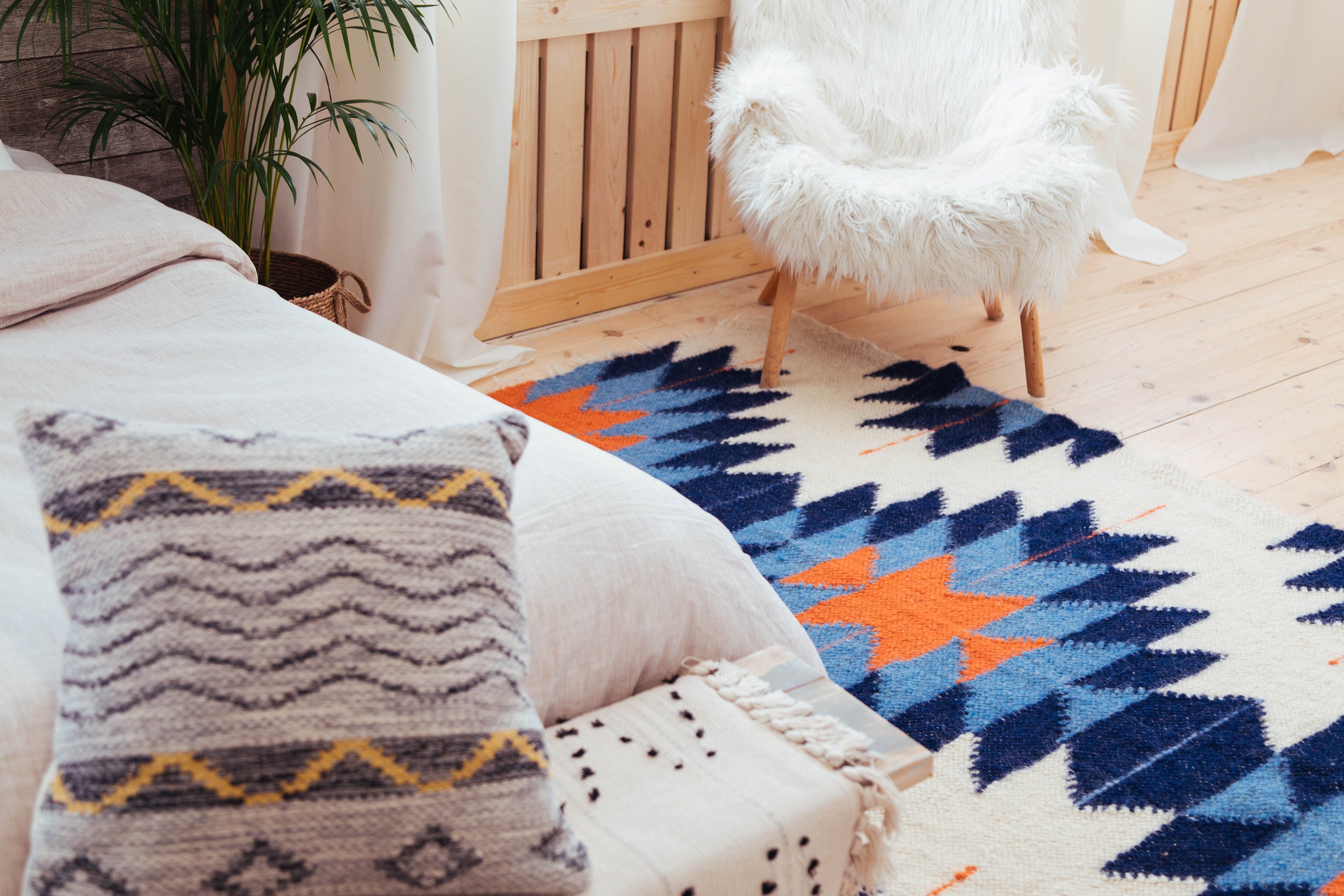 White Navy Blue Aztec Area Rug 92х56, Indigo Blue Boho Rug With Orange