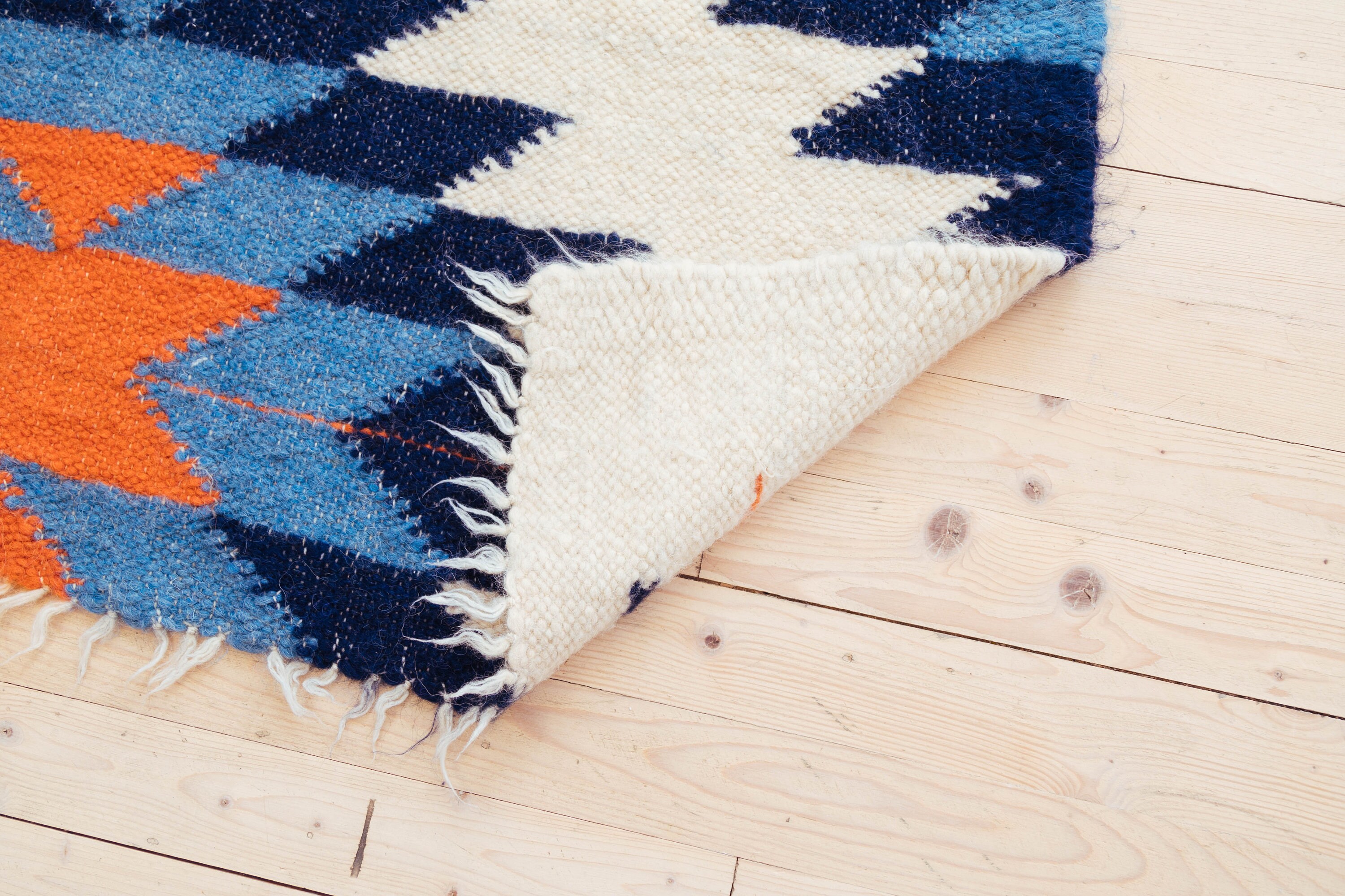 White Navy Blue Aztec Area Rug 92х56, Indigo Blue Boho Rug With Orange