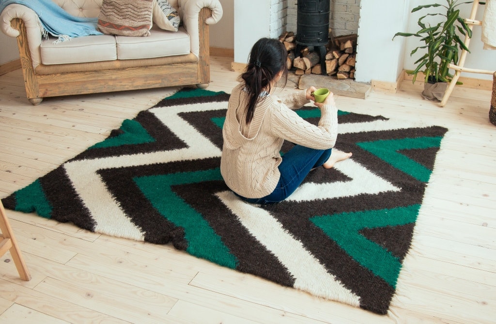 Green Black White 6х7 Zigzag Area Rug, Big Green Wool Kilim, Black.
