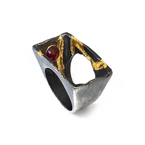 Contemporary Ring, Unique Gem Ring, Abstract Active Volcano, Oxidized Silver, 22K Gold and a Garnet Set In 18K Gold, Unique Mixed Metal Band