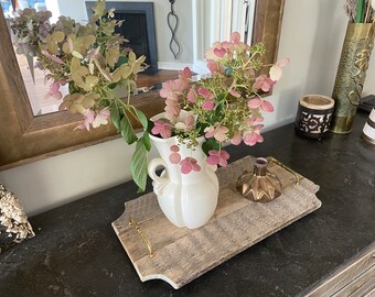 Reclaimed wood tray with brass handles & concave corners