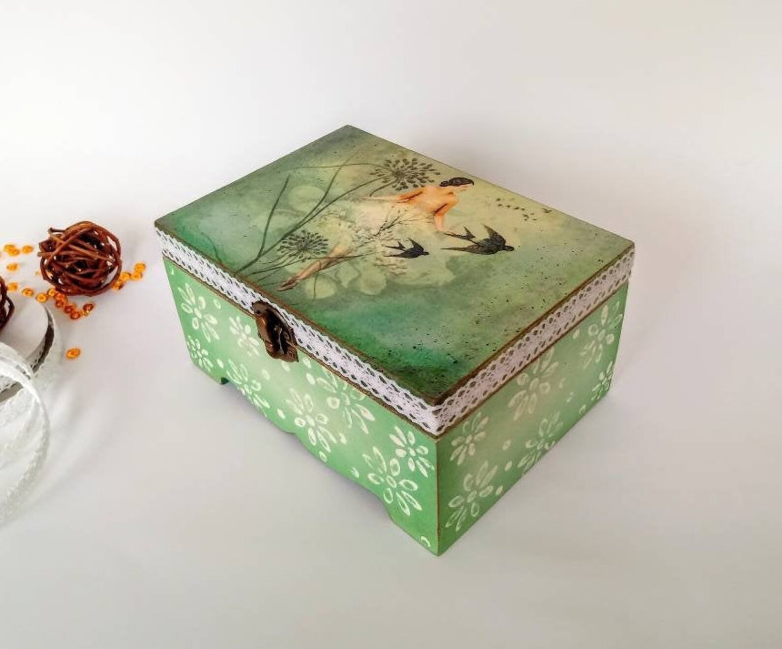 Turquoise Wooden Decorative Box Floral Decorative Box Etsy