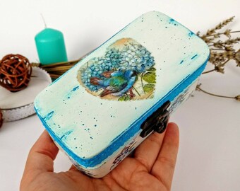 Blue decoupage box, Decorative wooden box with lace and birds, Jewelry box, Floral box , Unique wooden box, Gift for Mother, Gift for Girl