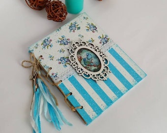 Floral blau Notizbuch mit Vögeln, handgemachte Zeitschrift, Decoupage leere Notebook, Notizblock, Geschenk für Damen