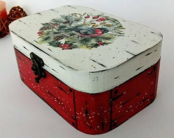 Red bird decorative box, Decoupage wooden box, Unique box, Jewelry box, Gift for Mother, Gift for Girl