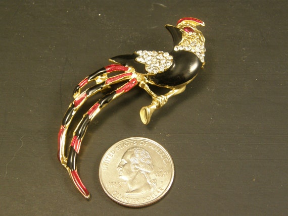 Vintage Enamel Rhinestone Exotic Bird Brooch Pin - image 4