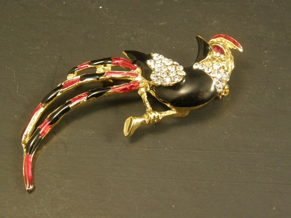 Vintage Enamel Rhinestone Exotic Bird Brooch Pin - image 1