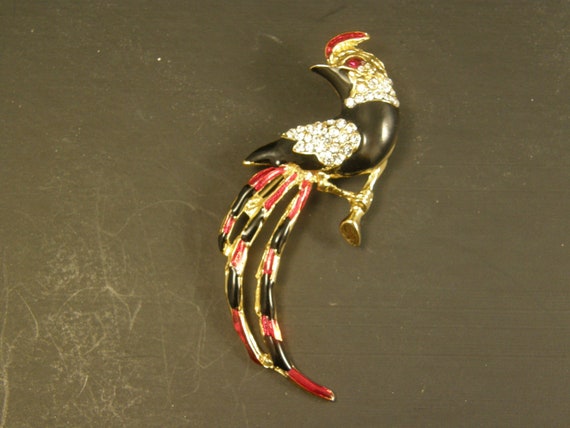 Vintage Enamel Rhinestone Exotic Bird Brooch Pin - image 5