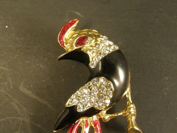 Vintage Enamel Rhinestone Exotic Bird Brooch Pin - image 3