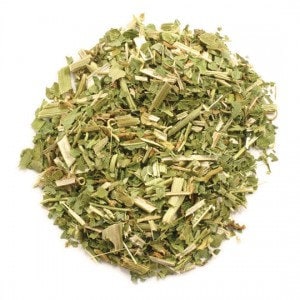 May include: A pile of dried, chopped, green herbs. The herbs are a mix of leaves and stems.