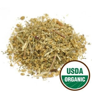May include: A pile of dried, light brown and green yarrow herb. The herb is certified USDA Organic.