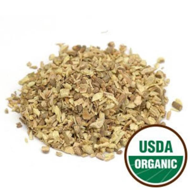 May include: A pile of dried, light brown, organic licorice root pieces. USDA Organic.