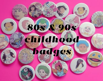 80s & 90s kid retro badges | Nostalgic childhood Mr Blobby Tots TV Sooty Pingu Edd Duck She-Ra He-Man Rosie Jim