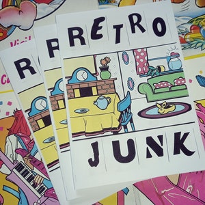 May include: A white paper with the words "Retro Junk" printed in black letters. The paper is divided into squares with a different image in each square. The images include a living room with a couch, a fireplace, a table with a teapot, and a rabbit.
