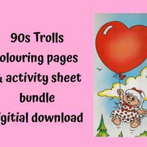 Puede incluir: Un paquete de descarga digital de páginas para colorear y una hoja de actividades de Trolls de los 90. La imagen muestra un Troll de dibujos animados sosteniendo un globo rojo en forma de corazón.