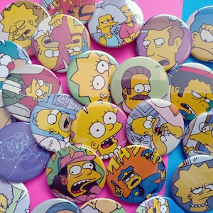 Simpsons badge lucky dip | Nostalgic buttons kitsch 90s TV Lisa Mr Burns Krusty Patty Selma