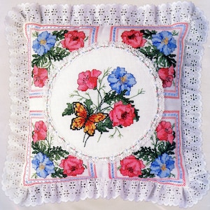Candamar Designs Punto Croce Contato &quot;Cuscino Papavero Rosa e Blu&quot;