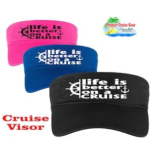 Cruise Visor.  Visor with cruising decoration. Visor available in 9 colors.  Keep Ship Hair under control with this cruising theme visor.