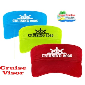Cruise Visor.  Visor with cruising decoration. Visor available in 9 colors.  Keep Ship Hair under control with this cruising theme visor.