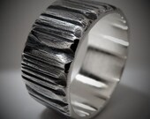 Mens Wide Sterling Silver Ring Unique Line Scored Texture Band Mens Silver Gift Oxidized Silver Ring | Azolla 9-10mm Wide
